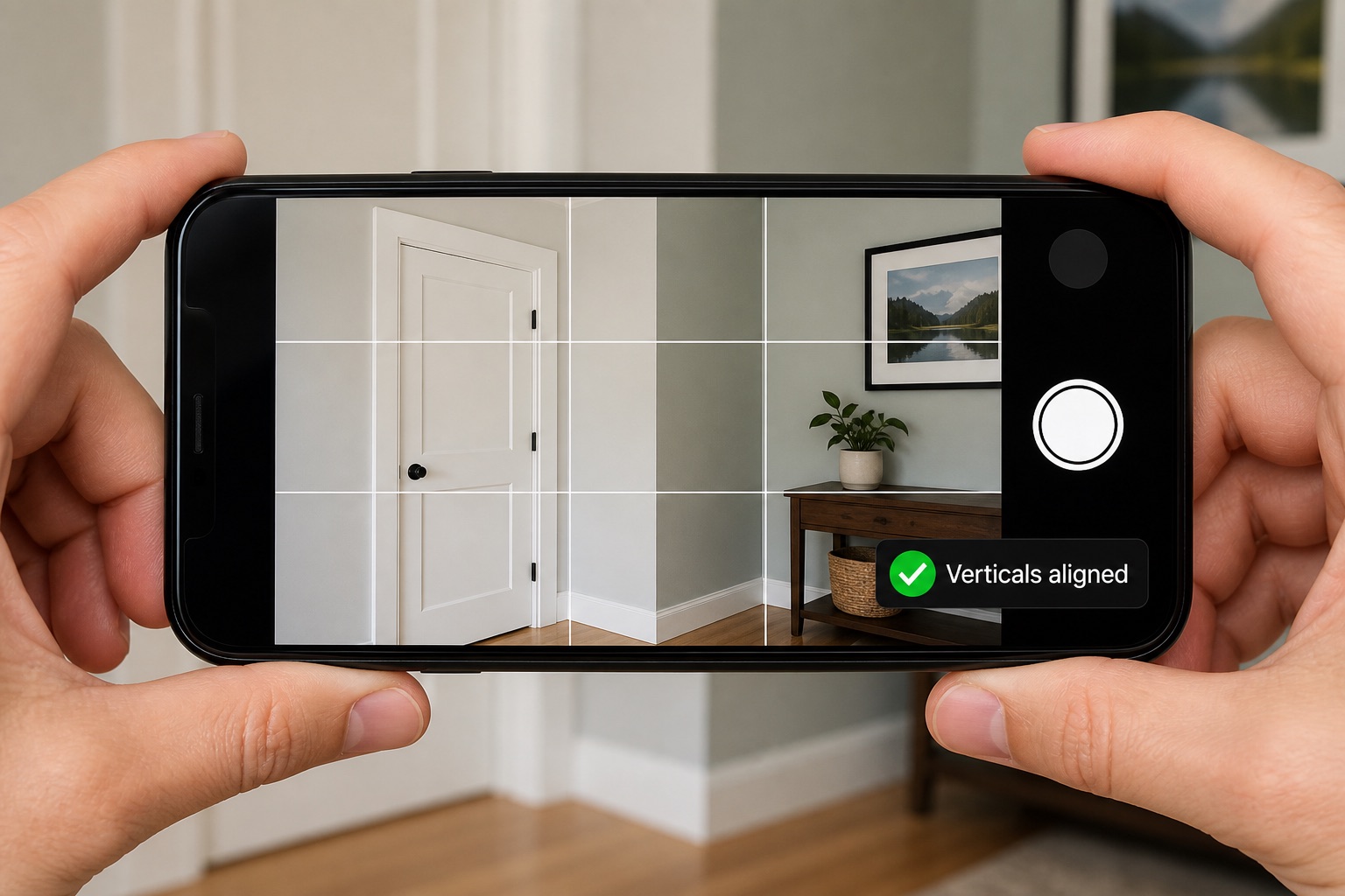 Realtor holding a phone level with camera grid lines aligned to a property interior